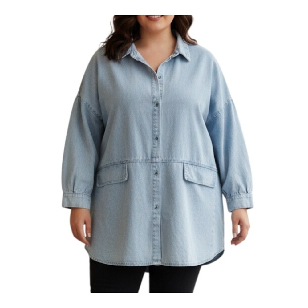 MISSGUIDED PLUS Blue Chambray FAUX POCKETS Button-Up OVERSIZED Denim SHIRT Sz 14